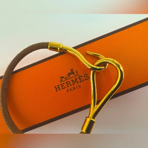 Hermès Suede Hook Bracelet Authentic Gold Plated Hermes Equestrian 1995 Vintage - Picture 7 of 12